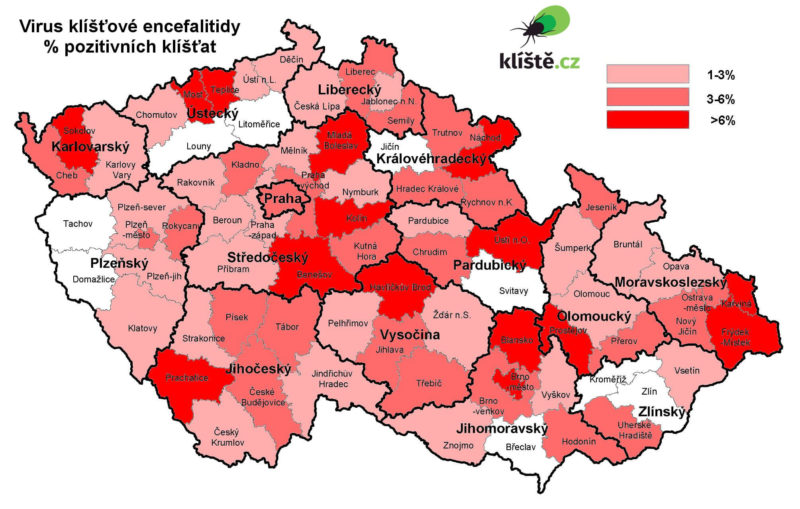 mapa vyskytu klistat - encefalitida